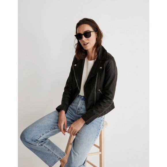 Madewell Washed Leather Full Zip-Up Motorcycle Jacket True Black Size XXS NWT - Picture 1 of 13